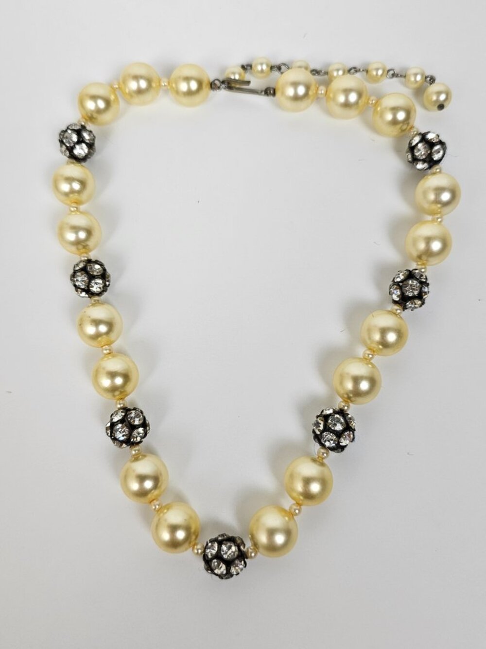 Vintage Yellow Faux Pearl Crystal Glass Bead Rhinestone Rondelle Choker Necklace - Picture 5 of 10